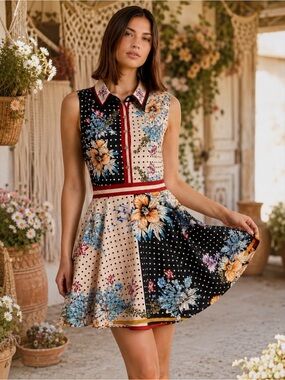 Dalia MacPhee Floral Sleeveless Mini A-Line Dress Collar Button Front Sz Small